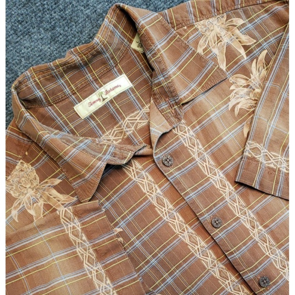 Tommy Bahama Silk Shirt Mens‎ Large Tan Short Sleeve Button Up